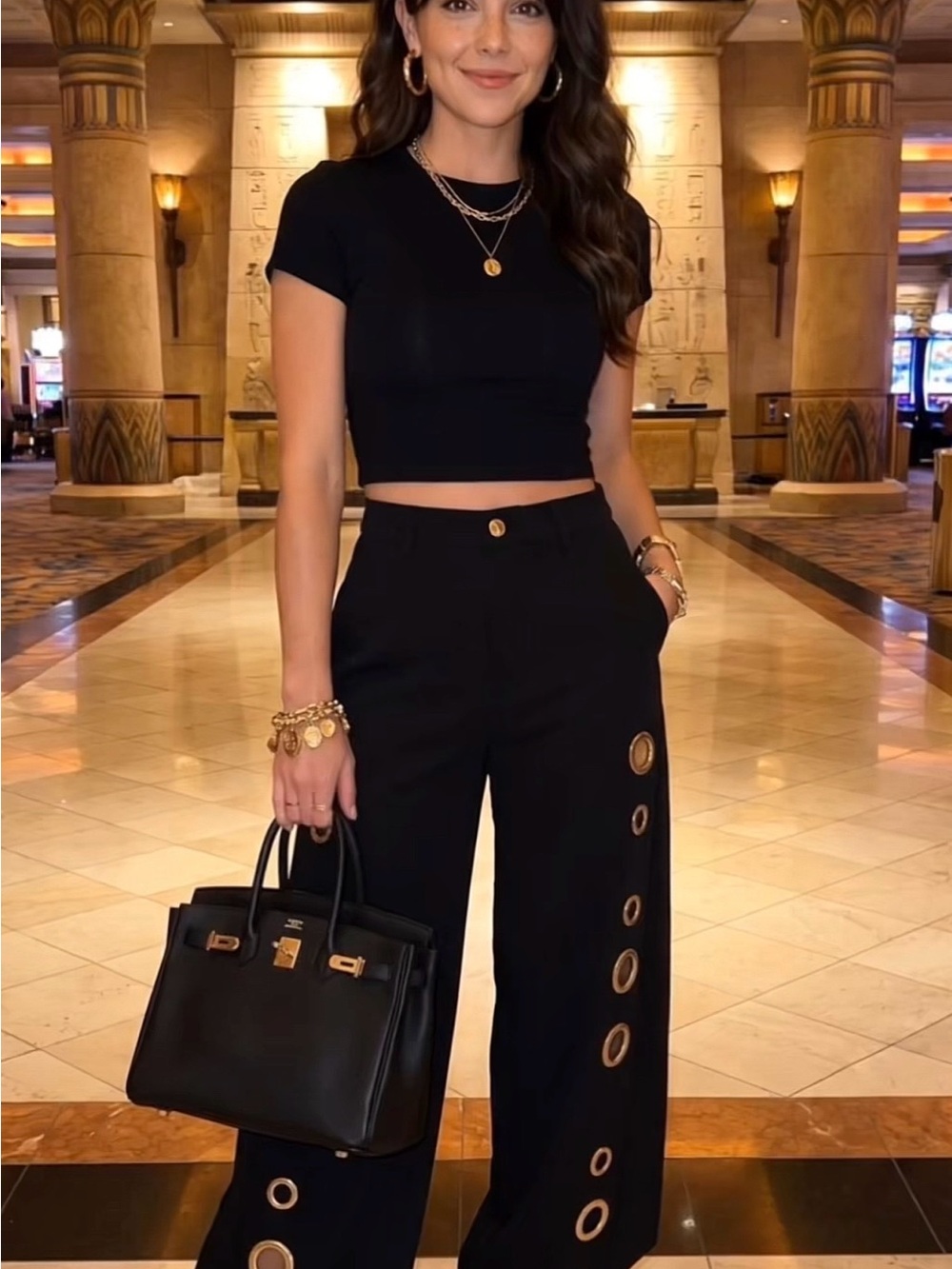 Black Wide-Leg Pants with Gold Eyelet Trim XL